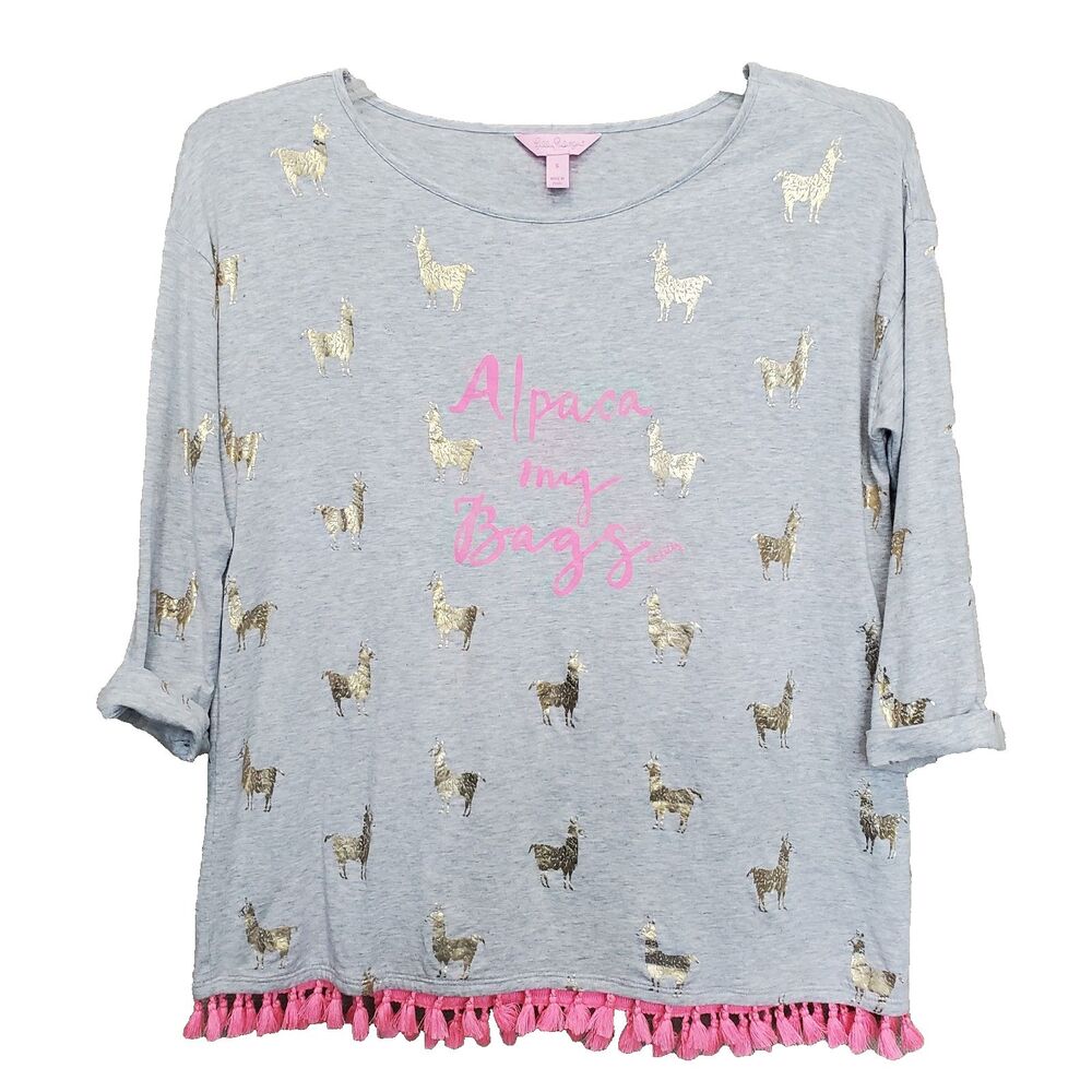 Lilly Pulitzer Gray Gold Foil "Alpaca My Bags" Mercer Tee Knit Pink Fringe Small